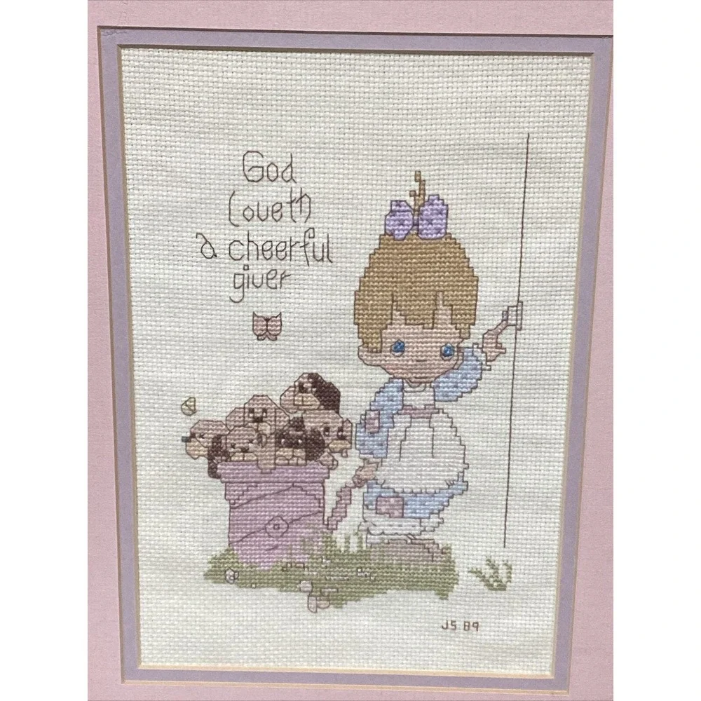 VTG Framed Needlepoint Cross Stitch Precious Moments Christian Signed Dated Set